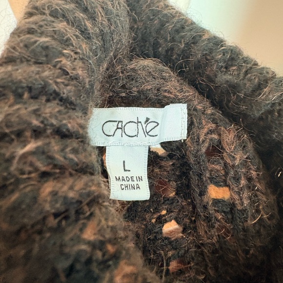 VTG y2k brown black cache chunky knit sweater short sleeve long top dress neck L - Picture 9 of 11